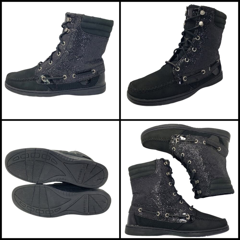 Sperry Top Sider Glitter Hiker Fish Boots, Size 9M, Black
